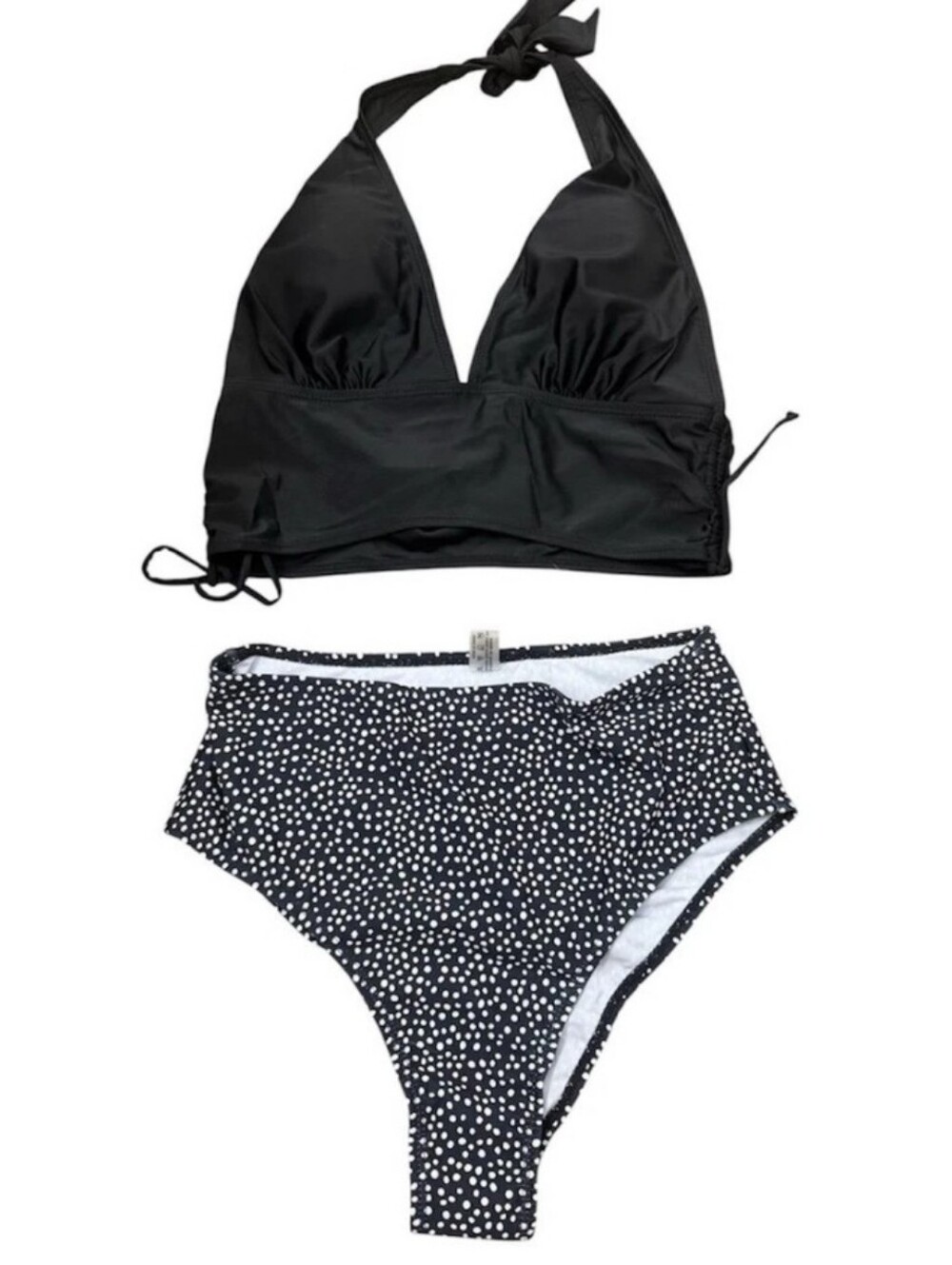 Black Halter High-Waist Dot Bikini Set,Large
